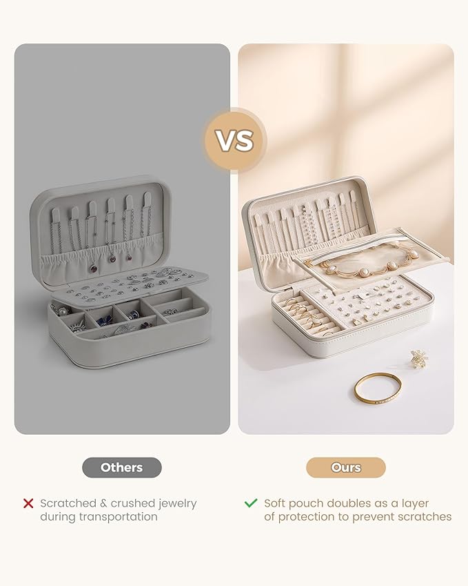 Lolalet Travel Jewelry Case for Women Girls, Travel Jewelry Organizer with Clear Storage Bag Small Portable Jewelry Box for Necklace Bracelet Earring Ring Valentines Bridesmaid Gifts -Large/Beige