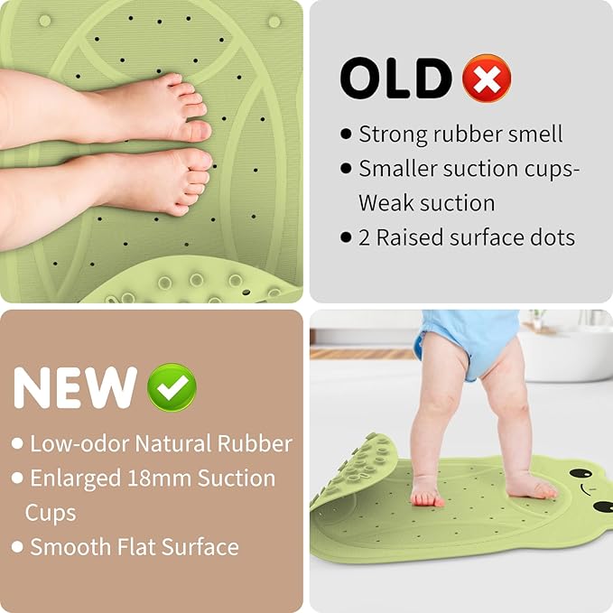 Upgraded Kids Bathtub Mat Non Slip, Low-Odor Natural Rubber Bath Mat with Strong 18mm Suction Cups, Flat Non-Slip Surface, 30"x18" Cute Frog Design, Shower Mat Fast Draining for Smooth Tubs, Green