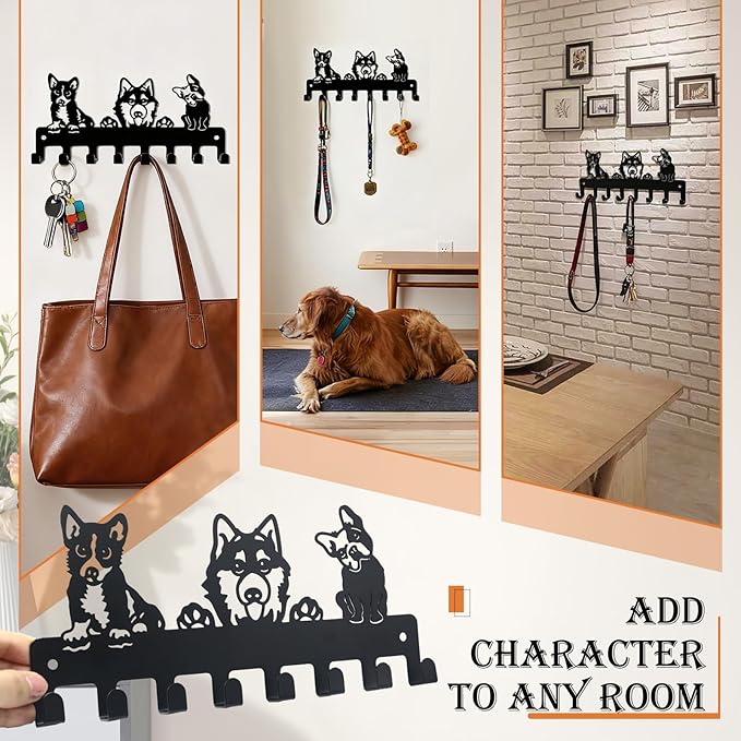 Dog Leash Holder for Wall with 8 Hooks, Heavy Duty Metal Key Rack Wall Mounted, Pet Leash and Key Organizer for Entryway Garage, Holds Harnesses, Collars, Leashes, Keys, Hats