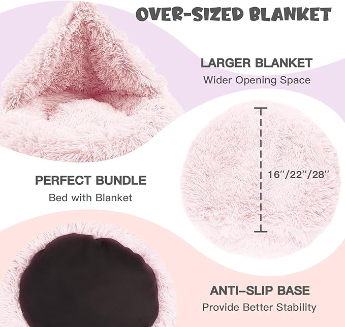 Himax Calming Anti-Anxiety Dog Bed for Medium Dogs With Attached Blanket - Pink, Fluffy, Washable (20"/26"/35")