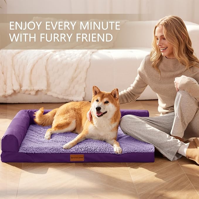 Patas Lague Orthopedic XL Dog Bed Large Sized Dog 48''X30'', Waterproof L Bolster Big Large Pet Sofa Beds with Removable Washable Cover, Soft Pet Couch Crate Mat with Nonskid Bottom, Purple