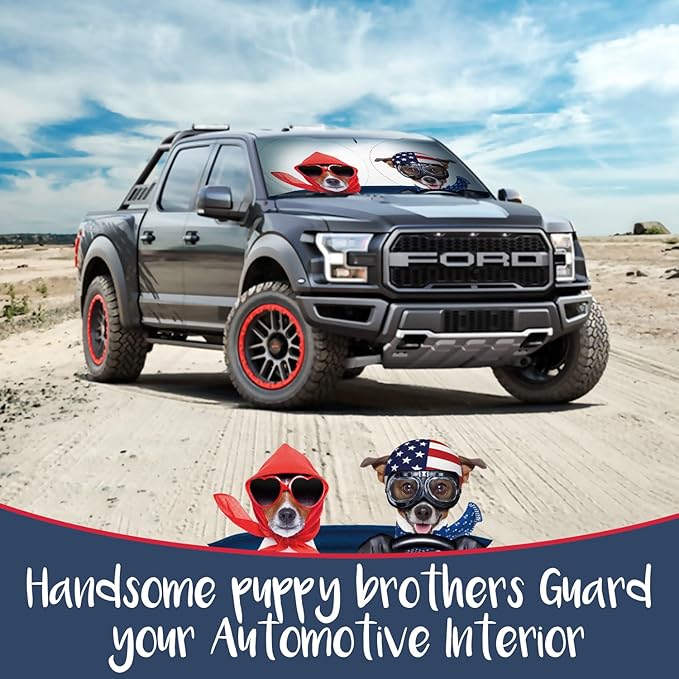 IC ICLOVER Car Windshield Sun Shade with Pet Design, Cute Cartoon Dogs Pattern Automotive Foldable Front Window Sun Visor Protector, Blocks Sun UV Rays Keeps Vehicle Cool (59×33 Inch) Standard Size