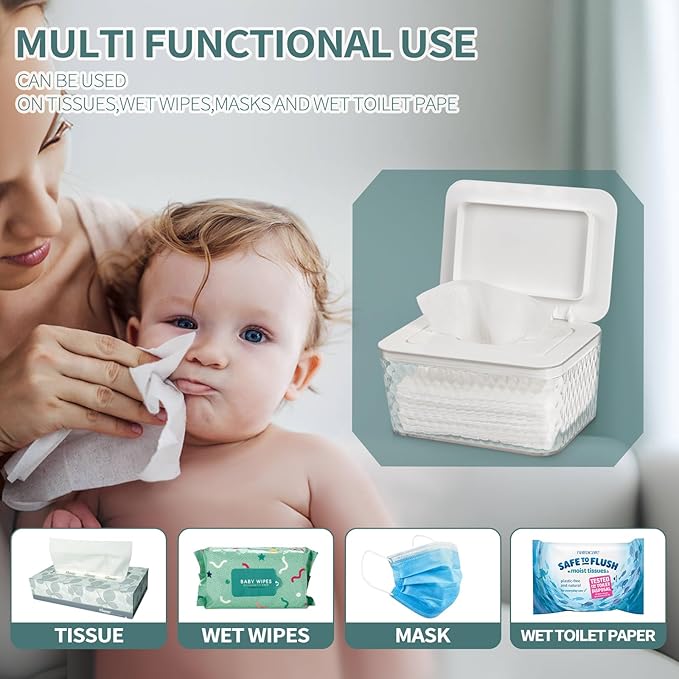 Whiidoom Wipes Dispenser, One-Handed Operation Wipe Holder for Baby & Adult, Seal-Designed Wipes Container for Bathroom Keep Diaper Wipes Fresh (2 Pack White)