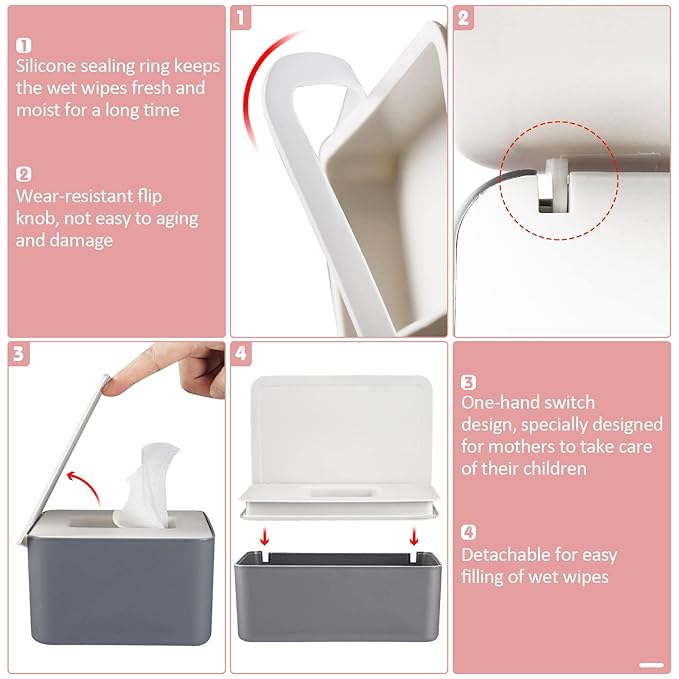 Whiidoom Diaper Wipes Dispenser Wipes Holder, Wipes Tissue Case Keeps Wipes Fresh Tissue Wipes Container with Lid (Grey)