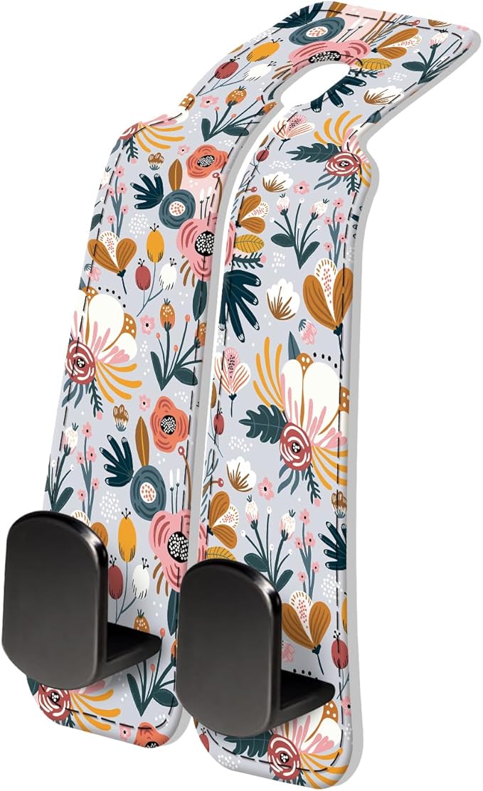PU Leather Car Seat Hook, Storage Headrest Hanger, Cute Car Backseat Organizer, Car Hooks For Purses and Bags White Cute Floral