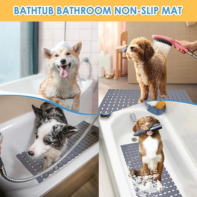 Bathtub Shower Mat, Pet Dog Bathing Non-Slip Mat, Dog Bath mat for tub, Quick Drain Bathtub Mat with Suction Cups & Drain Holes for Bathroom, 27.1x15.7 Inch (Transparent)