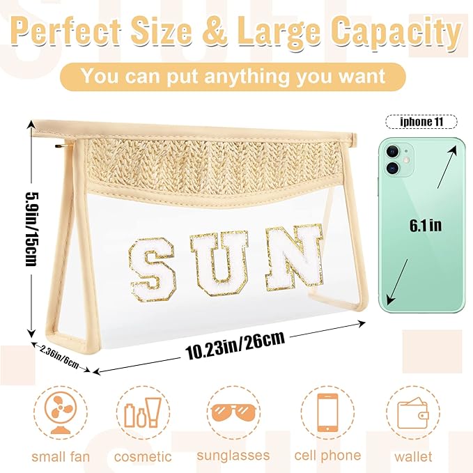 Boho Clear Makeup Letter Patch Makeup Bag SUN Pouch, Clear Toiletry Bags Travel Small Cute Chenille Letter Cosmetic Zipper Pouch Purse, Transparent Waterproof Makeup Organizer Bag for Women Girls(SUN)