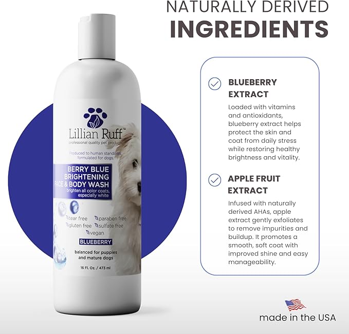 Lillian Ruff PRO Formula Berry Blue Brightening Pet Shampoo - Ultra-Hydrating Professional Whitening Dog Shampoo, Vivid Show-Quality Coat Enhancer, Tear Stain & Odor Eliminator With ProVitamin B5 16oz