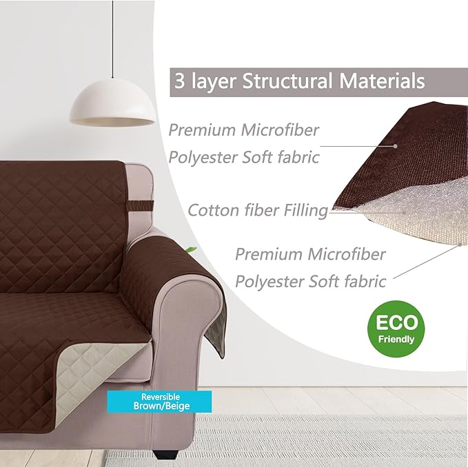 U-NICE HOME 4 Seater Sofa Cover 91 Inch Large Couch Covers for 4 Cushion Couch with Elastic Straps Water Resistant Furniture Protector Cover for Pets Cat (Sofa XX-Large, Brown/Beige)