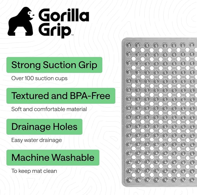 GORILLA GRIP Patented Square Shower Stall Mat, Small Bathtub Floor Mats for Stand Up Showers with Suction Cups and Drainage Holes, Machine Washable, Soft on Feet, Bathroom Accessories 21x21 Inch, Gray