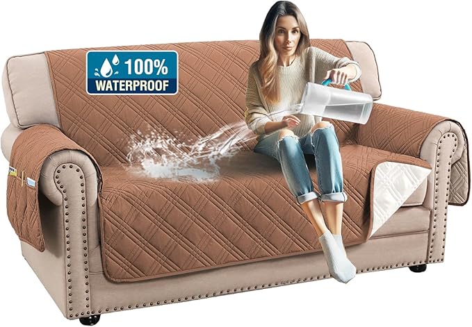 H.VERSAILTEX 100% Waterproof Sofa Covers for 2 Cushion Couch Modern Sofa Covers Waterproof and Washable Thick Soft Couch Cover for Dogs with Elastic Straps (Loveseat, Terracotta/Beige)