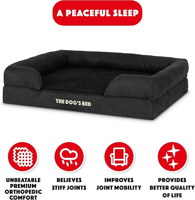 The Dog’s Bed, Large Black Faux PL, Memory Foam, Pain Relief: Arthritis, Hip & Elbow Dysplasia, Post Surgery, Lameness, Supportive, Calming, Waterproof Washable Cover
