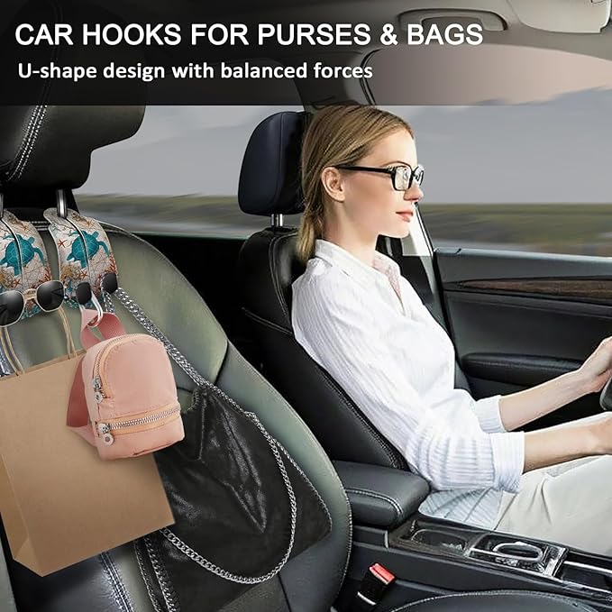 Blusabaca 2PCS Car Seat Back Storage Headrest Hooks, Sea Turtle Purse Holder Bags Hanger, PU Leather Double Metal Hook for Backseat Organizer, Women Car Accessories Organization