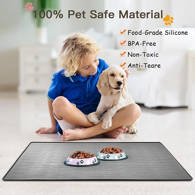 Largest Dog Food Mat, 39.5"x29.5" Silicone Dog and Cat Mat for Food and Water Bowls, Thinken Waterproof Non-Slip XXXL Pet Feeding Mat for Floors (Dark Blue)
