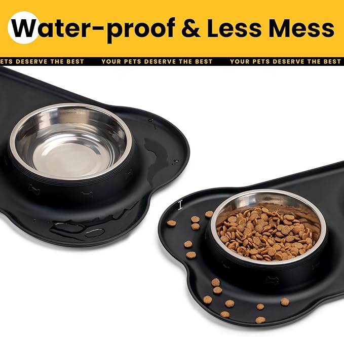 Dog Bowls with Silicone Feeding Mat, No Spill Food Water Dish Set, Dishwasher Safe, 2 Stainless Steel Puppy Bowls, Suitable for Tiny Dogs Kittens Cats Rabbits Pets under 8lbs, Extra Small,Black