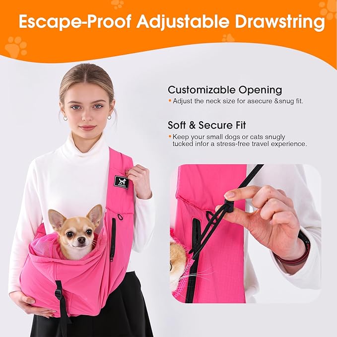 Pet Sling Carrier for Small Dogs and Cats 5-20lbs, Dog Sling with Adjustable Depth, Breathable Air Mesh Puppy Travel Bag, Water Resistant Fabric, Double Safety Leash, Machine Washable,Fuchsia