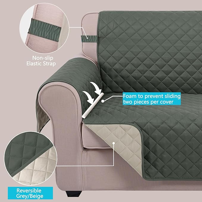 U-NICE HOME Recliner Chair Covers Reversible Chair Cover Pet Covers for Dogs with Elastic Straps Water Resistant Diamond Quilted (23''Armchair, Grey/Beige)