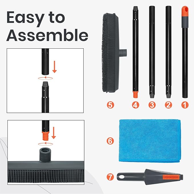 MAVRIZ Rubber Broom Carpet Rake for Pet Hair Removal - Fur Remover Broom with Squeegee for Carpet, Hardwood Floor, Tile