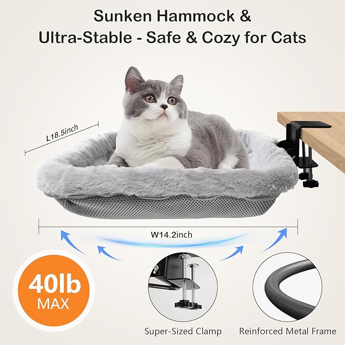 Lilyang Cat Desk Bed – Cat Hammock for Home Office Space Saving, Secure Bed with Super-Sized Clamp & Steel Frame, Supports Up to 40 lbs, 18"x14" Reversible Bed Cover, Removable & Washable