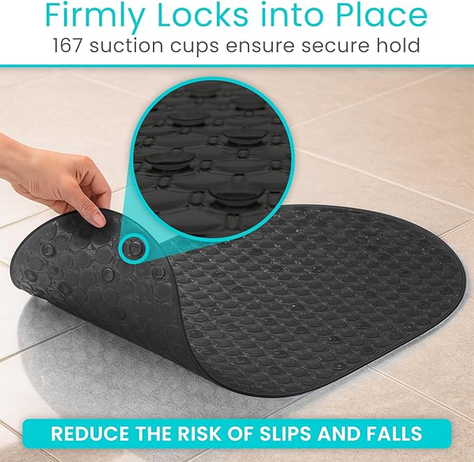 Vive Oval Bathtub Mat - Nonslip Shower Floor Pad - Non-Slip and Non-Skid for Bath Tub with Strong Rubber Suction Cup Grip - for Baby, Elderly, Kids, Bathroom (Black)