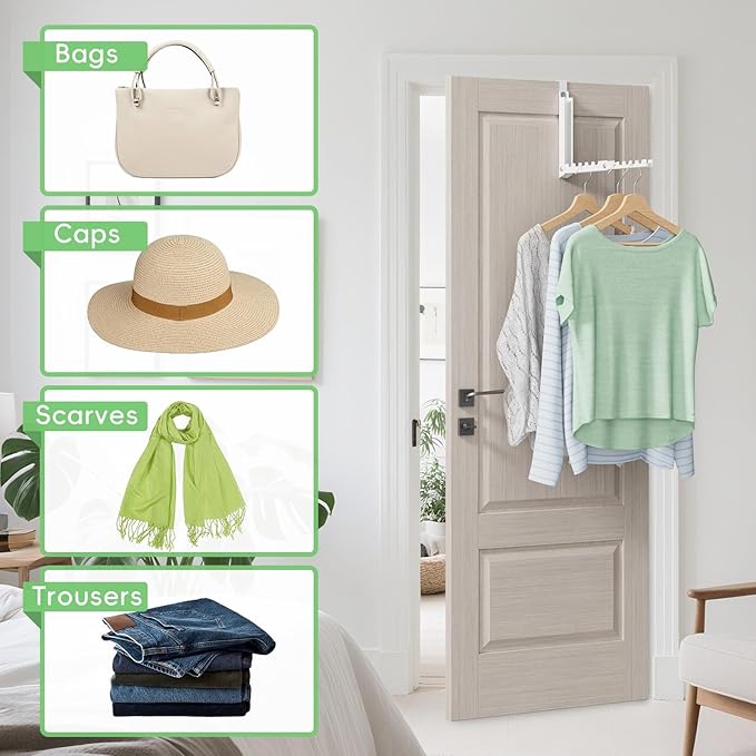 Over The Door Hooks,Over The Door Clothes Hanger with 10 Ridges,Space-Saving Over The Door Drying Rack,Door Hooks for Hanging Clothes,Larger Capacity Over The Door Hanger (1, White)