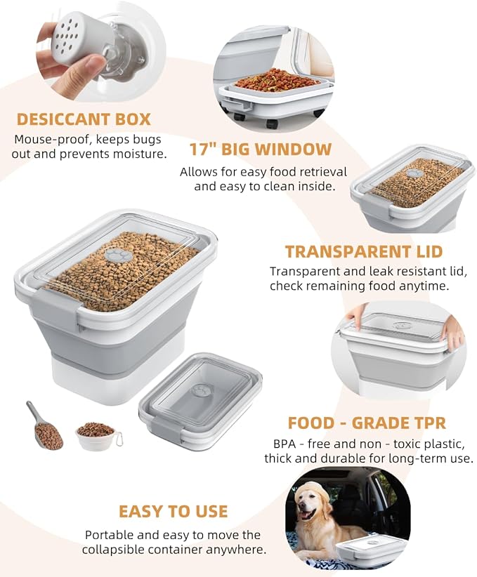 DDMOMMY 10-13 Lbs Dog Food Storage Container,Collapsible Dog Food Container with Transparent Airtight Lid,Pet Food Scoop and Dog Bowl,Multifunctional Food Storage Container for Pet Food,Rice,Flour