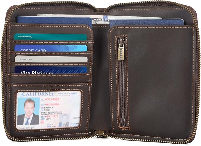 Polare Full Grain Leather Travel Passport Wallet with YKK Zipper and RFID Blocking Document Organizer Holder 2 Passports (Dark Brown)