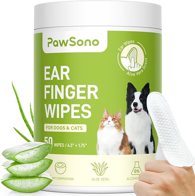 Ear Finger Wipes for Dogs & Cats, Thicker Dog Ear Cleaner Wipes, Natural Relief Cat Ear Cleaner Dog, Pet Health Supplies for Dog Small Animal Cat, Aloe Scent Deodorizing - 50 Count