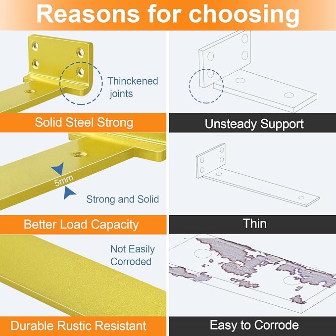 Floating Shelf Brackets 6 inch 8 Pack L Brackets for Shelves Gold Metal Heavy Duty Shelf Bracket for DIY Decorative with Mounting Hardware