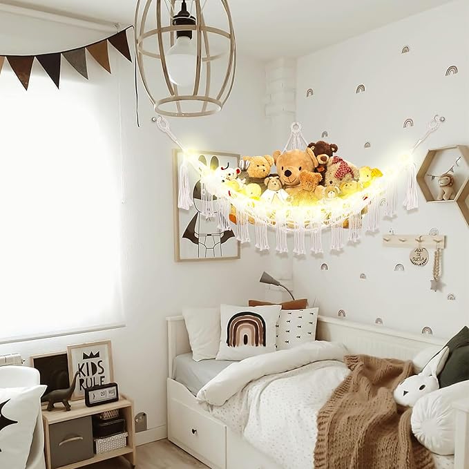 CERETIA Stuffed Animal Hammock with LED Light, Large Stuffed Animals Storage Corner Plushie Net for Kids Room Decor, Jumbo White