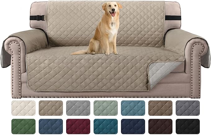 H.VERSAILTEX Reversible Couch Cover for 2 Cushion Couch Water Resistant Loveseat Couch Cover Washable Furniture Cover with Non-Slip Elastic Strap for Dogs, Pets, Kids(Oversized Loveseat, Khaki/Beige)