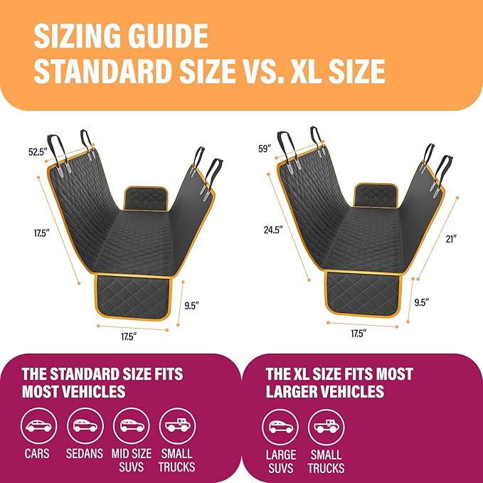 Active Pets Orange XL Dog Car Hammock Back Seat Cover, Waterproof Backseat Cover Protector for Truck Bench Rear of Sedans or SUVs, Essential Pet Supplies Vacuum or Wipe Clean, Machine Washable