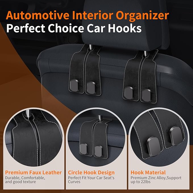 BiYiQi Headrest Hooks for Car, Seat Back Storage Hook Leather Alloy Car Purse Hook, Car Seat Storage Hanger, Car Hooks for Purses, Bags, Handbags,(2 Pack),Black