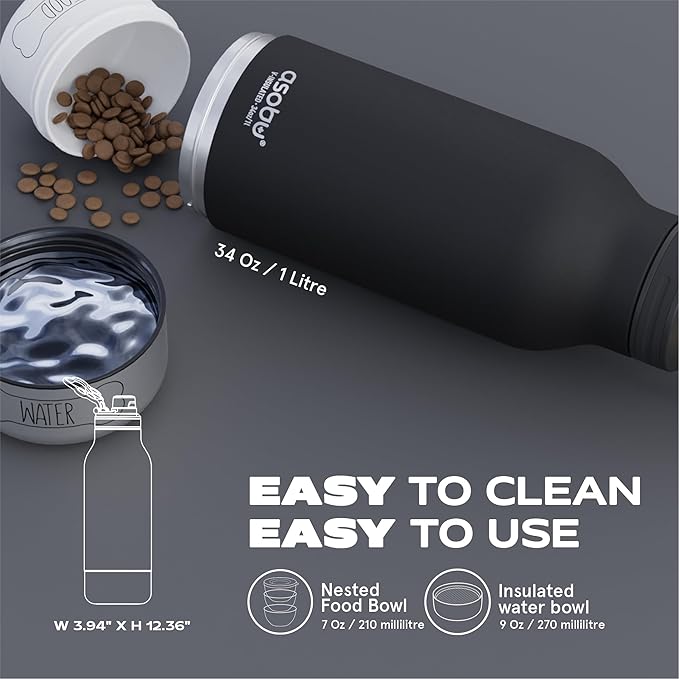 Asobu Buddy Bottle a Stainless Steel Insulated Water Bottle for with Removable Dog Water Bowl and Dog Food and Treat Storage Bowl (Pastel Pink, 34 Oz)