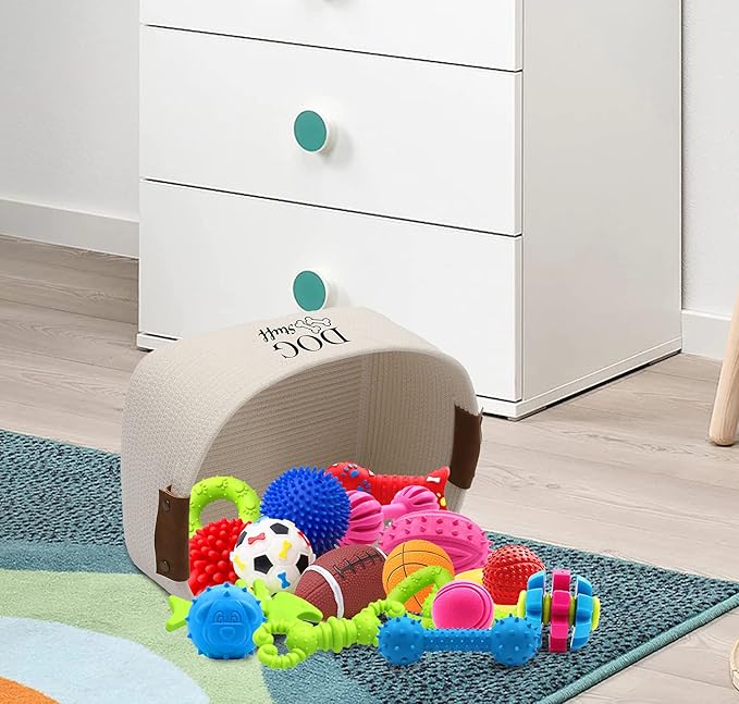 Geyecete Square Dog toy basket storage Cotton Rope Storage Basket Pet/Pet Toy And Accessory Storage Bin Doy Toy Box-Beige
