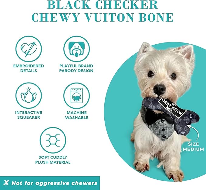 Haute Diggity Dog Black Checker Chewy Vuiton Bone, Plush Designer Dog Toys with Interactive Squeaker, Stimulating Pet Enrichment, Machine-Washable & Safe Materials for All Breeds, Size Small