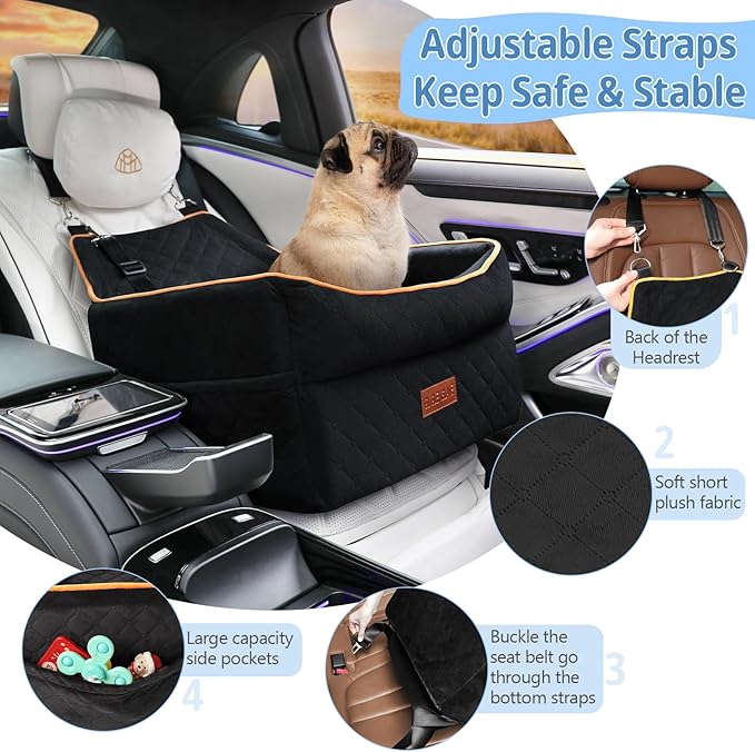 GL GLENSLAVE Dog Car Seat for Small Medium Dogs, Memory Foam Dog Booster Car Seat for Pets Under 35 lbs, Anti-Slip Pet Carseat with 2 Adjustable Leashes, Elevated Dog Travel Bed with Storage Pockets
