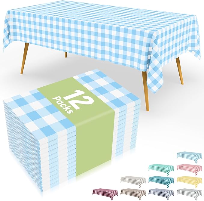 Smiry 12 Packs Gingham Disposable Table Cloth, 54 x 108 Inch Waterproof Plastic Tablecloth, Rectangle Baby Blue and White Checkered Table Covers for Picnic, Birthday, Party