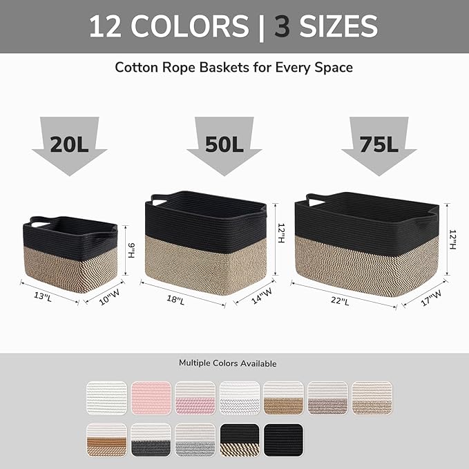 Goodpick Woven Storage Baskets for Organizing 22”x17”x12” Large Blanket Basket for Living Room Bedroom, Rectangle Wicker Storage Basket with Handles, Toy Baskets for Baby Boys, Black & Jute