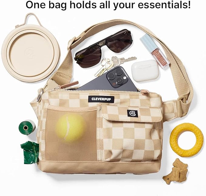 Cleverpup, Dog Walk & Train Sling Bag - Hands-Free 2-In-1 Treat Pouch, Poop Bag Holder, Clicker, Phone Pocket - Crossbody/Fanny Pack, Adjustable Strap - Checkerboard