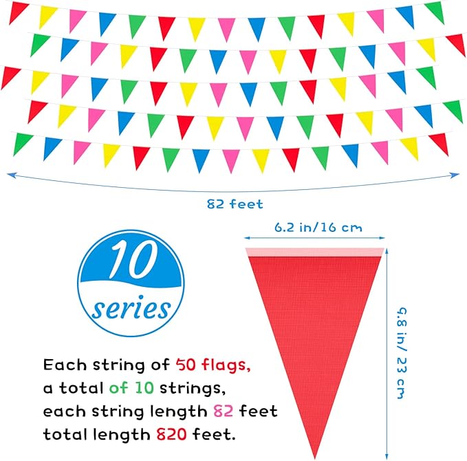 Tatuo 820 ft 500 Pcs Pennant Banner Flag String Hanging Triangle Bunting Flag for Carnival Party Outdoor Events Birthday Classroom Decoration(Colorful)