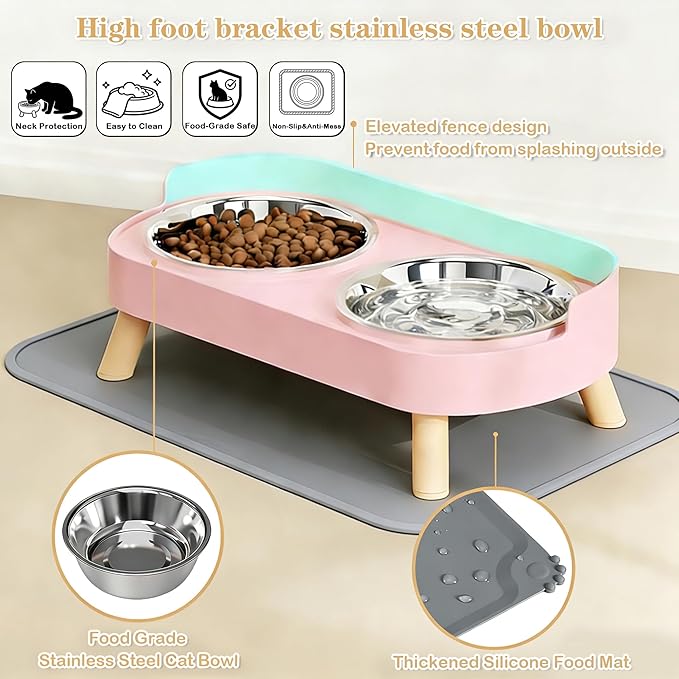 Elevated Cat Bowls with Food Mat, Splash Proof Anti Vomiting Raised Cat Food and Water Bowl Set, 2 Stainless Steel Dishes for Cats and Puppy, Pet Bowl for Indoor Cats Pink