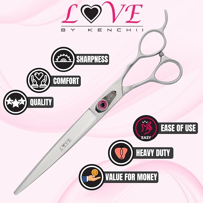 Kenchii Love Dog Grooming Scissors, 8 Inch Straight Shears, Dog Scissors for Grooming, Professional Pet Grooming Scissors, Heavy Duty, Durable and Sharp