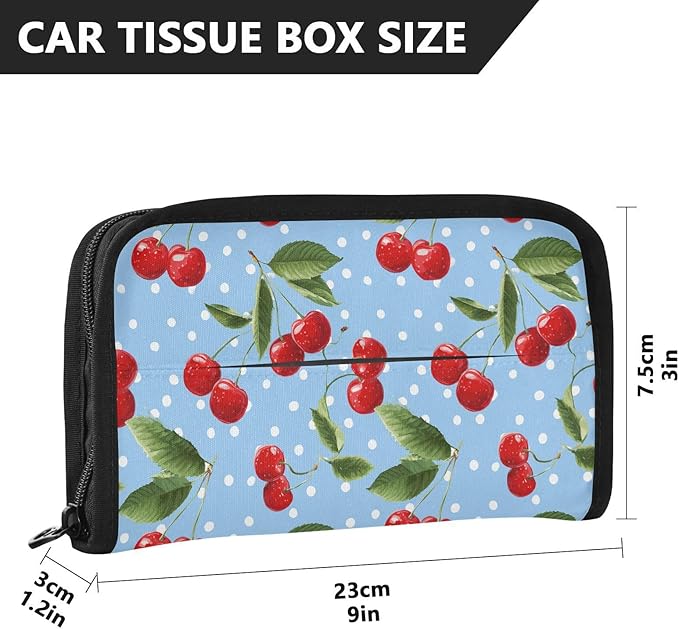 Car Tissue Holder Car Napkin Holder Car Tissue Box Dispenser Storage Case Sun Visor Mask Holder with Adjustable Straps Reusable Refillable Light Blue Dots Red Cherry