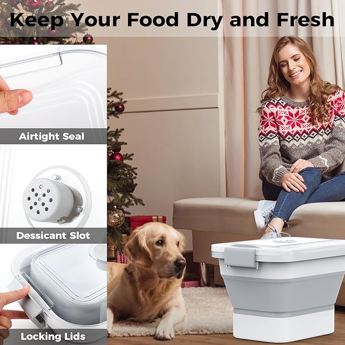 DDMOMMY 10-13 Lbs Dog Food Storage Container,Collapsible Dog Food Container with Transparent Airtight Lid,Pet Food Scoop and Dog Bowl,Multifunctional Food Storage Container for Pet Food,Rice,Flour