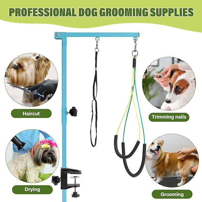 Dog Grooming Arm with Pet Grooming Hammock, 35" Pet Grooming Table Arm with Adjustable No Sit Haunch Holders, Dog Grooming Stand with Loop Noose for Small and Medium Pets, Blue