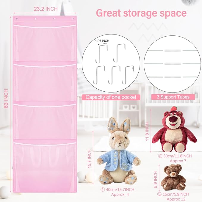 Hanging Stuffed Animal Storage, Over Door Large Plush Toy Organizer with Metal Hook, Baby Accessory Holder Idea for Nursery, Doll & Bear Mesh Hammock Bag for Girl Boy Kid Room