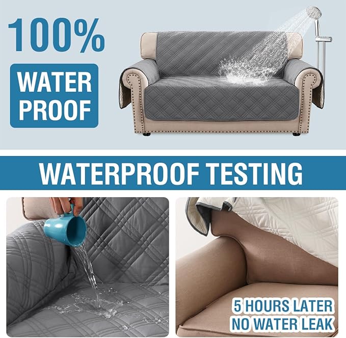 H.VERSAILTEX 100% Waterproof Loveseat Covers for 2 Cushion Couch Modern Sofa Covers Waterproof and Washable Thick Soft Couch Cover for Dogs with Elastic Straps (Loveseat, Grey/Beige)
