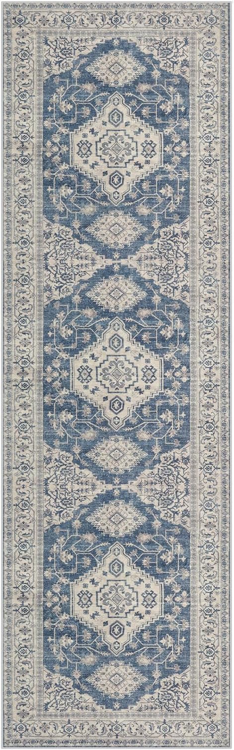 Lahome Oriental Washable Runner Rug Non Slip, 2x7 Rug Runners for Hallways Kitchen, Ultra-Thin Hallway Rugs for Laundry Room Bathroom Bedroom Eleanor, Blue