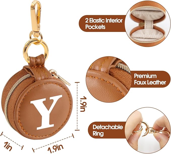 Mini Initial Travel Jewelry Case Ring Holder, Brown Faux Leather Small Jewelry Organizer Box Gifts for Women Girls Nurse Teacher, Gym Travel Accessories Keychain Pouch for Earrings Rings Necklace Y